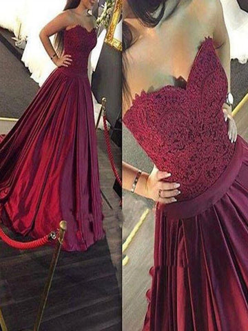 Custom Made A Line Sweetheart Sweep Train Burgundy Prom Dress with Lace, Maroon Prom Gown, Formal Dresses