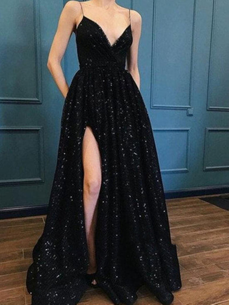 Custom Made A Line V Neck Black Lace Prom Dress, Black Lace Evening Dress, Black V Neck Formal Dress