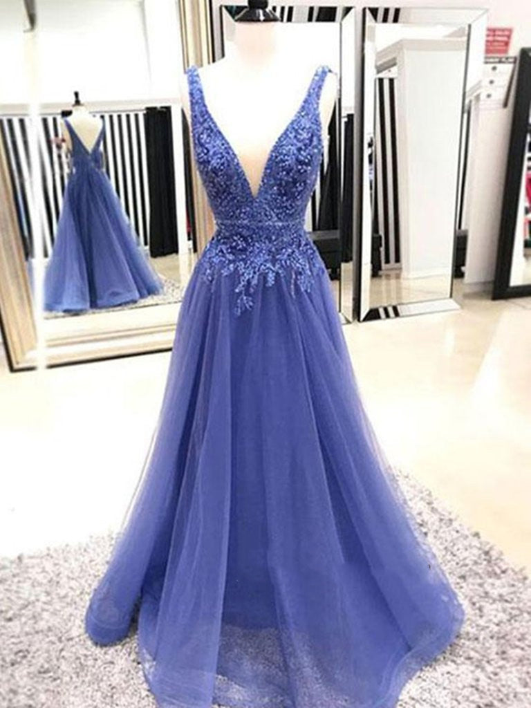 Custom Made A Line V Neck Sleeveless Prom Dress with Lace Applique, V Neck Formal Dress With Lace Applique