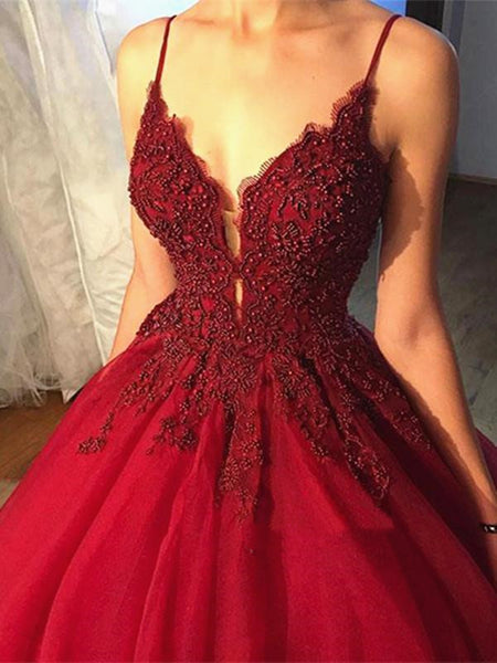 Custom Made Beaded V Neck Burgundy Prom Dress with Lace Flowers, Burgundy Formal Gown