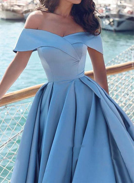 Custom Made Blue Off Shoulder Prom Gown with Slit, Blue Formal Dress with Sweep Train