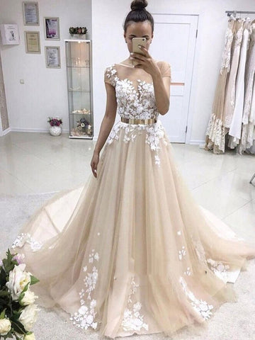 Custom Made Champagne Round Neck Short Sleeves Sweep Train Lace Prom Dress, Champagne Formal Dress, Wedding Dresses