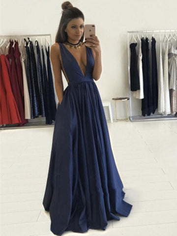 Custom Made Deep V Neck And V Back Dark Blue Prom Dresses, Dark Blue Formal Dresses