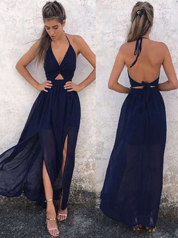 Custom Made Halter Backless Navy Blue Prom Dresses, Backless Navy Blue Formal Dresses
