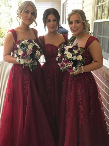Custom Made Lace Long Maroon Prom Dresses With Straps, Maroon Lace Bridesmaid Dresses With Straps