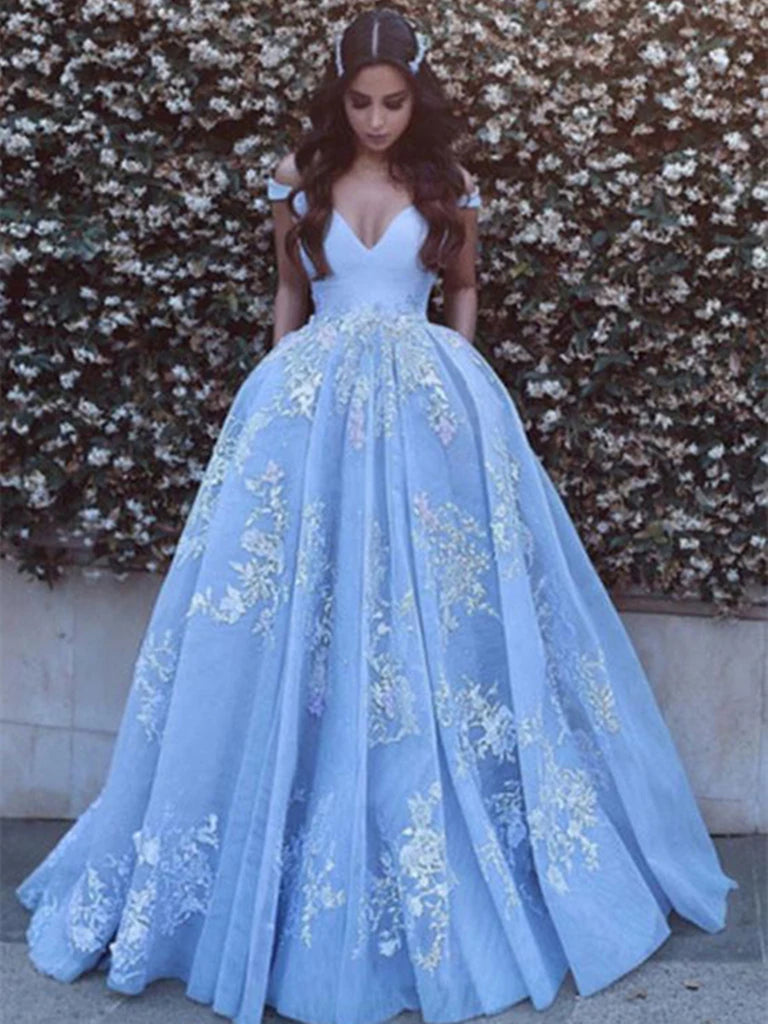 Custom Made Off Shoulder Light Blue Prom Dress With Lace Applique, Pro Shiny Party Custom Made Off Shoulder Light Blue Prom Dress With Lace Applique, Pro Shiny Party