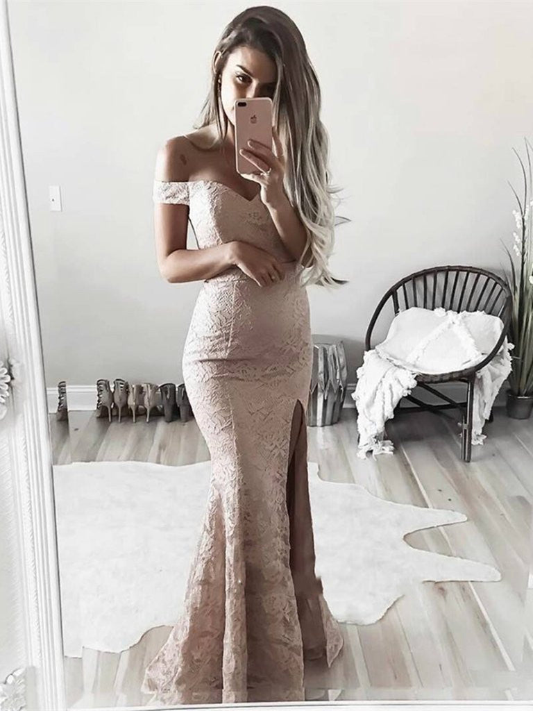 Custom Made Off Shoulder Mermaid Lace Prom Dresses with Slit, Lace Formal Dresses