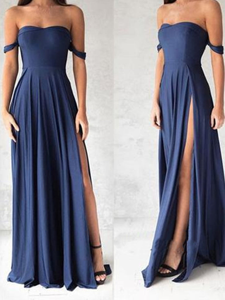 Custom Made Off Shoulder Sweetheart Neck Blue Prom Dresses, Blue Evening Dresses