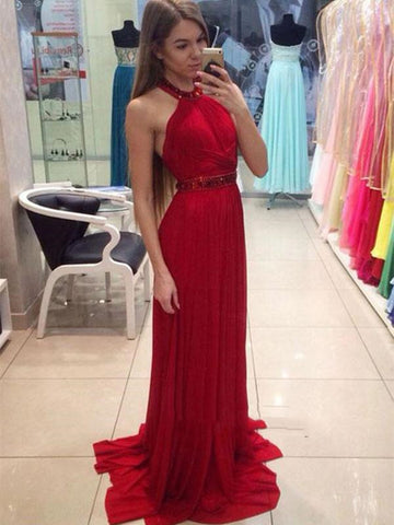Custom Made Red Chiffon Long Prom Dress with Train, Red Formal Dresses