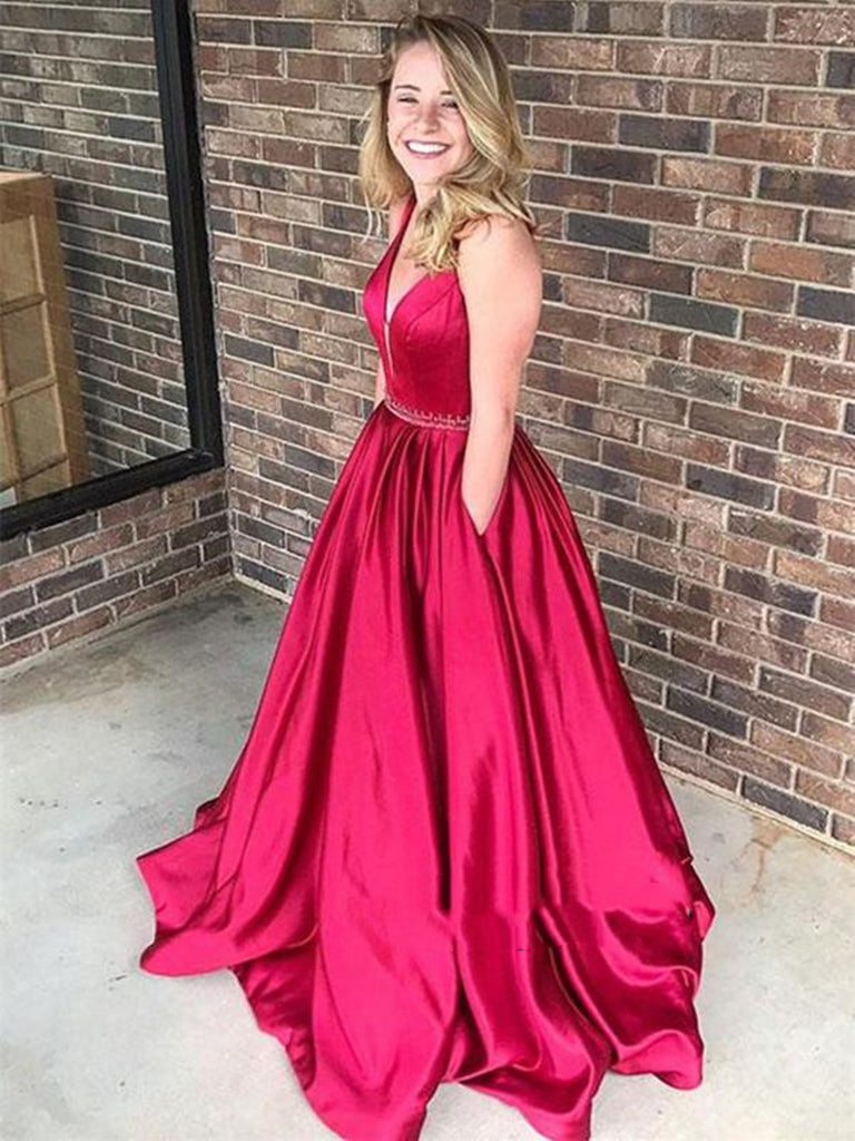 Custom Made Red Deep V Neck Backless Satin Wedding Dress, Deep V Neck Shiny Party Custom Made Red Deep V Neck Backless Satin Wedding Dress, Deep V Neck Shiny Party