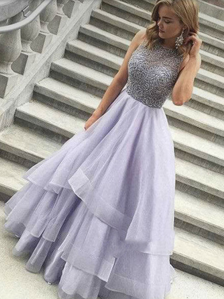 Custom Made Round Neck Floor Length Grey Prom Dresses, Gorgeous Evenin Shiny Party Custom Made Round Neck Floor Length Grey Prom Dresses, Gorgeous Evenin Shiny Party