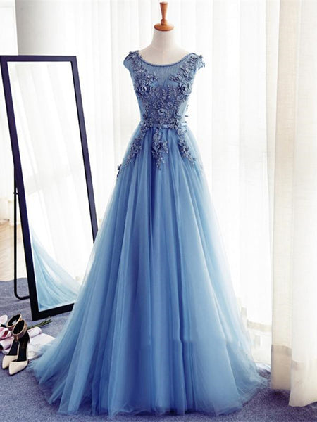 Custom Made Round Neck Sleeveless Tulle Lace Prom Dresses, Lace Formal Dresses