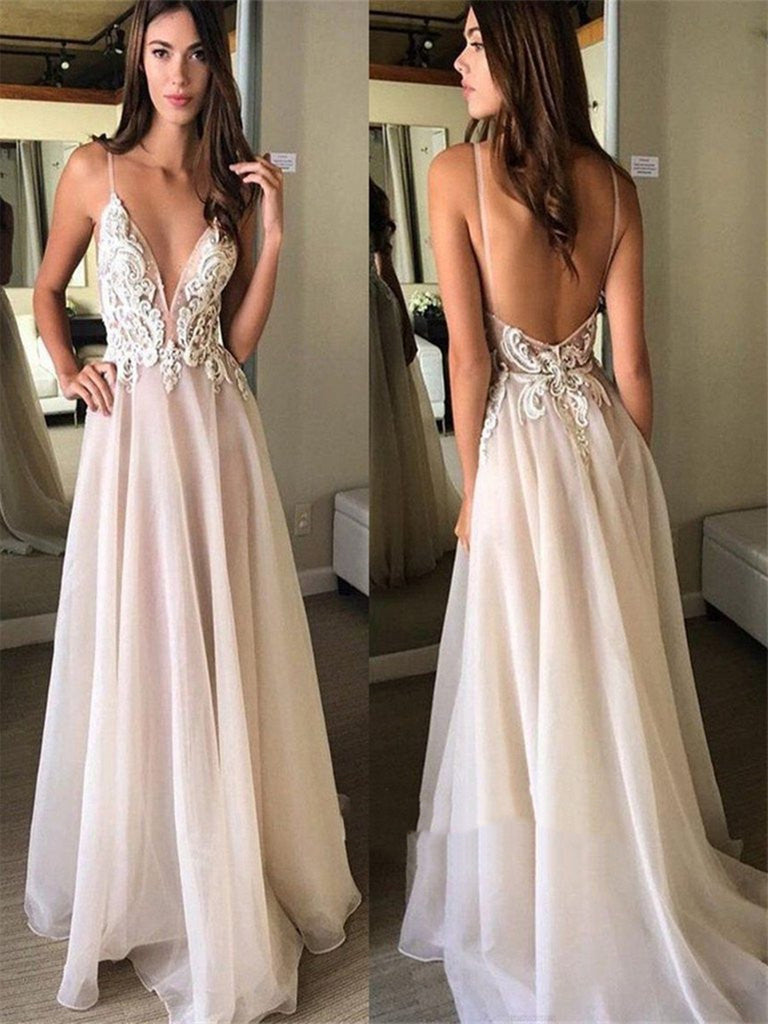 Custom Made Sexy A Line V Neck Backless Prom Dresses, Backless Formal Shiny Party Custom Made Sexy A Line V Neck Backless Prom Dresses, Backless Formal Shiny Party