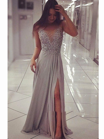 Custom Made Silver Grey Floor Length Prom Dress with Slit, Silver Grey Formal Dress
