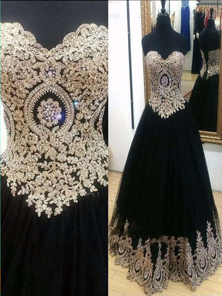 Custom Made Sweetheart Neck Lace Applique Black Prom Dresses, Black Fo ...