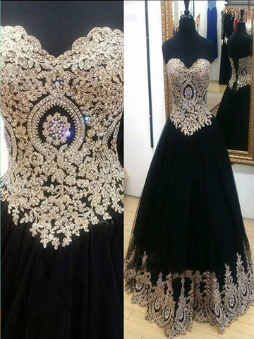 Custom Made Sweetheart Neck Lace Applique Black Prom Dresses, Black Formal Dresses