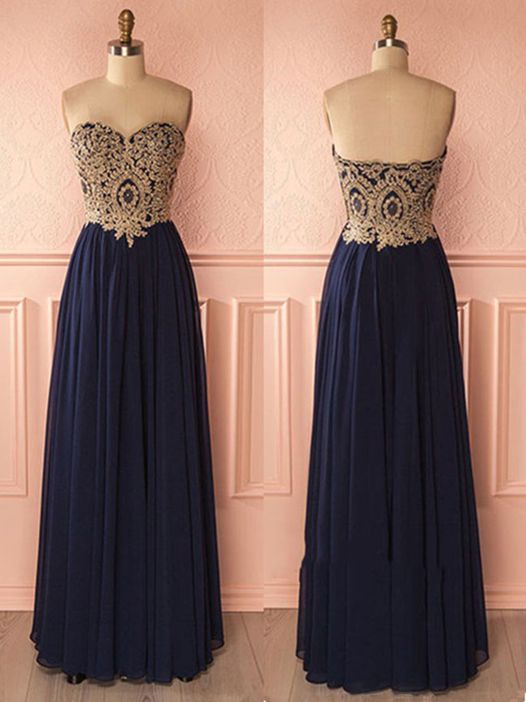 Custom Made Sweetheart Neck Lace Applique Dark Blue Prom Dresses, Dark Blue Formal Dresses