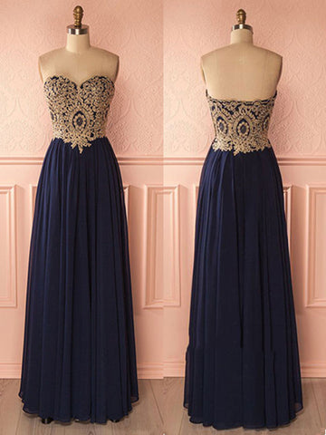 Custom Made Sweetheart Neck Lace Applique Dark Blue Prom Dresses, Dark Blue Formal Dresses
