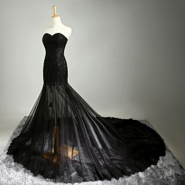 Custom Made Sweetheart Neck Mermaid Black Lace Prom Dresses with Sweep Train, Black Lace Formal Dresses