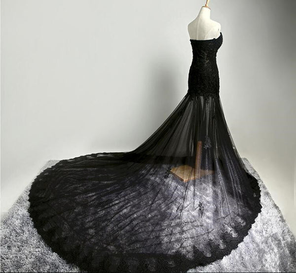 Custom Made Sweetheart Neck Mermaid Black Lace Prom Dresses with Sweep Train, Black Lace Formal Dresses
