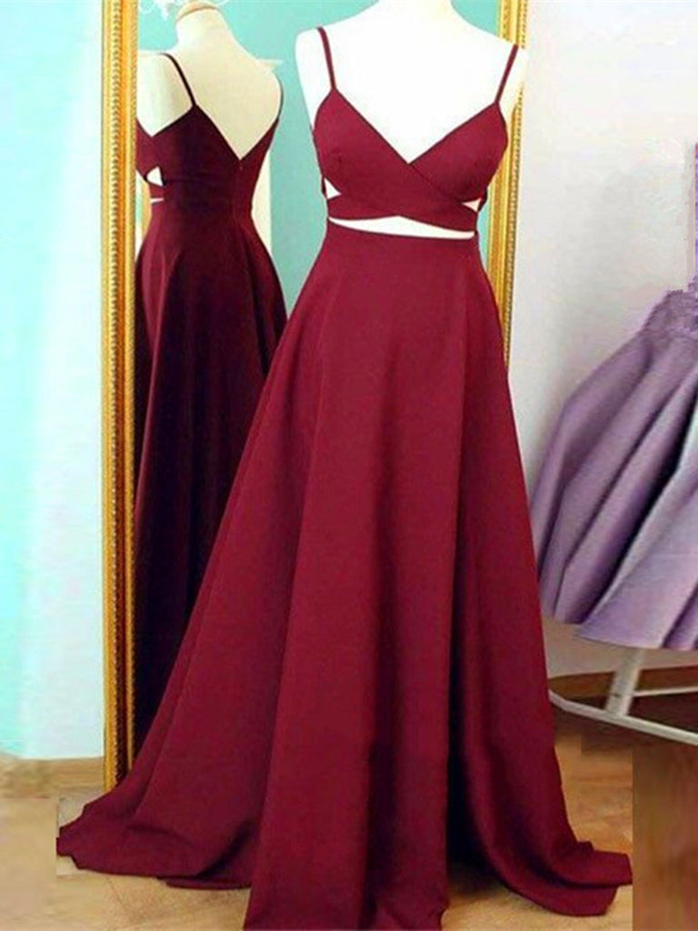 Custom Made Two Pieces Long Burgundy Prom Dresses, Burgundy Evening Dresses