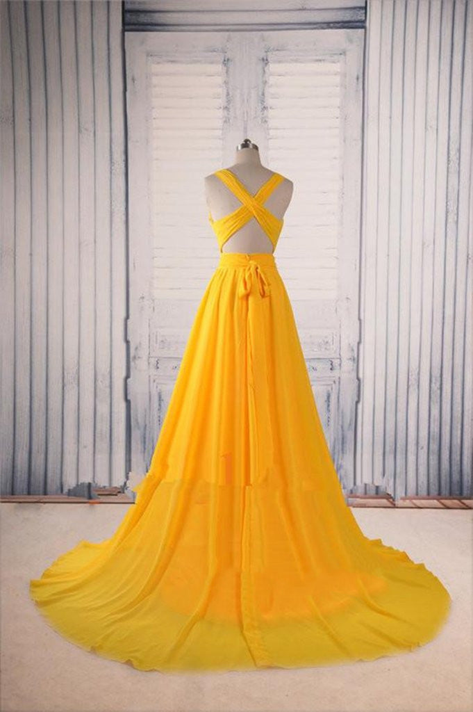 Custom Made Yellow V Neck Prom Dress with Sweep Train, Yellow Formal D Shiny Party Custom Made Yellow V Neck Prom Dress with Sweep Train, Yellow Formal D Shiny Party
