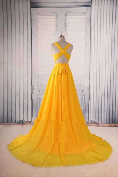 Custom Made Yellow V Neck Prom Dress with Sweep Train, Yellow Formal Dress, Evening Dress