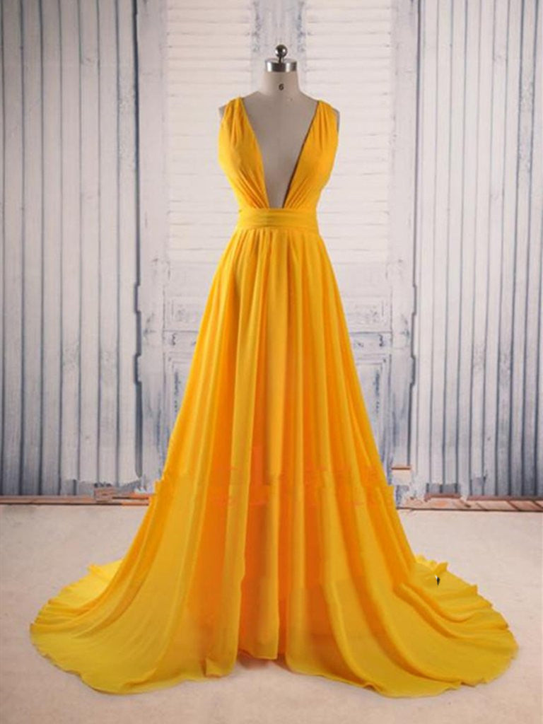 mustard yellow formal dress Custom Made Yellow V Neck Prom Dress with Sweep Train, Yellow Formal D – Shiny Party