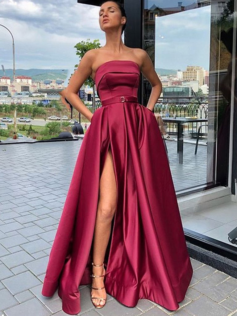 Custom Made A Line Burgundy Satin Long Prom Dresses with High Slit, Burgundy High Slit Long Formal Dresses Evening Dresses, Burgundy Graduation ... Custom Made A Line Burgundy Satin Long Prom Dresses with High Slit, Burgundy High Slit Long Formal Dresses Evening Dresses, Burgundy Graduation ...