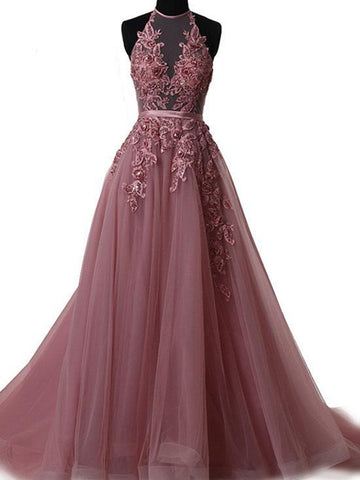 Custom Made A Line Halter Neck Backless Lace Prom Dresses with Sweep Train, Backless Lace Formal Dresses, Evening Dresses