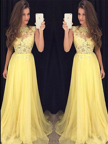 Custom Made A Line Round Neck Lace Yellow Chiffon Long Prom Dresses, Yellow Lace Graduation Dresses, Formal Evening Dresses
