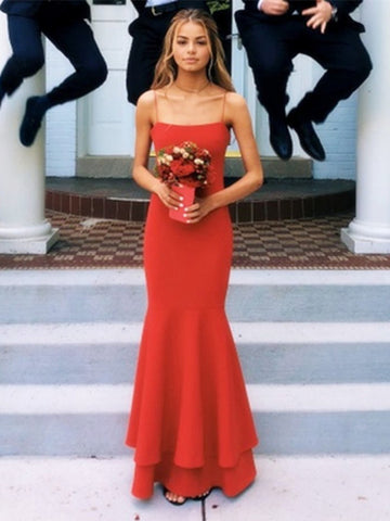 Custom Made A Line Spaghetti Straps Red Mermaid Prom Dresses Party Dresses, Red Thin Straps Formal Dresses