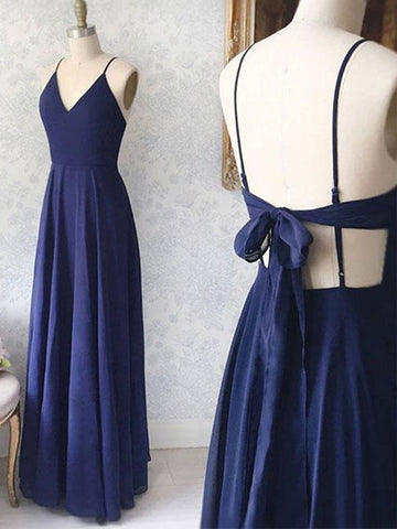Custom Made A Line V Neck Backless Navy Blue Long Prom Dresses, Navy Blue Backless Formal Graduation Evening Dresses