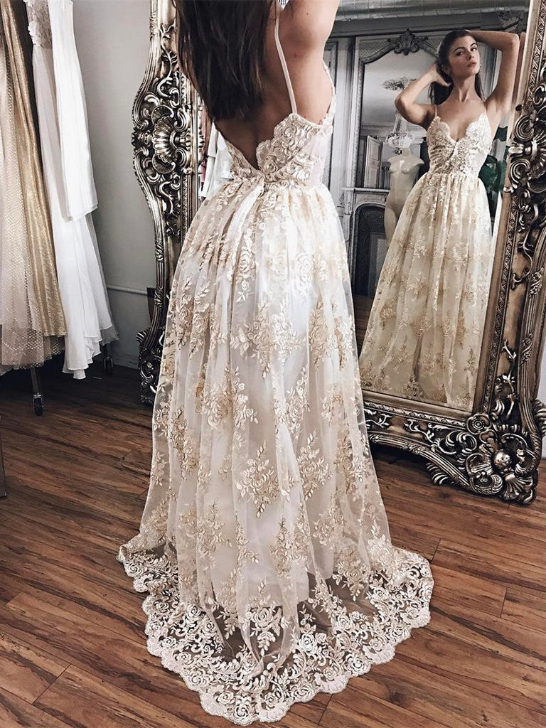 Custom Made A Line V Neck Backless Lace Wedding Dress with Champagne A Shiny Party Custom Made A Line V Neck Backless Lace Wedding Dress with Champagne A Shiny Party