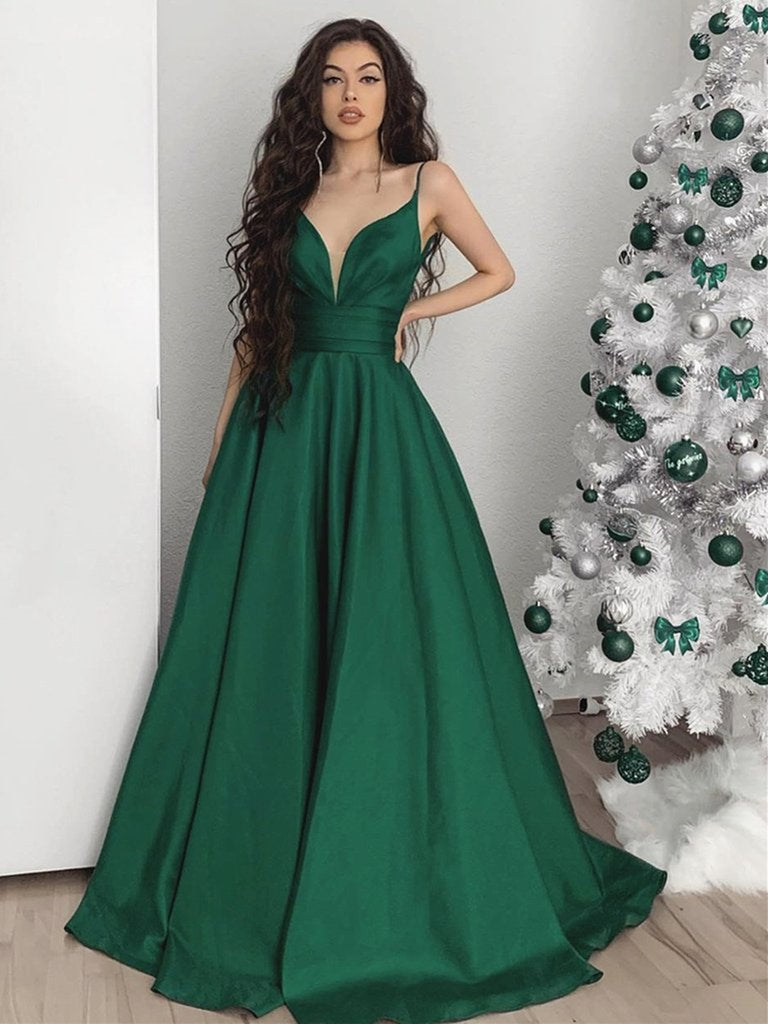 Custom Made A Line V Neck Emerald Green Long Prom Dresses, Green V Neck Long Formal Evening Dresses
