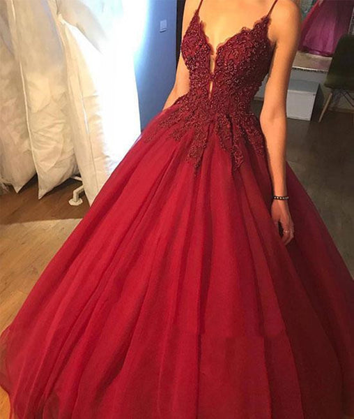 Custom Made Beaded V Neck Burgundy Prom Dress with Lace Flowers, Burgundy Formal Gown
