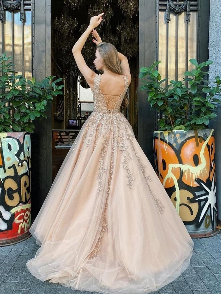 Custom Made Cap Sleeves Champagne Lace Long Prom Dresses, Cap Sleeves Shiny Party Custom Made Cap Sleeves Champagne Lace Long Prom Dresses, Cap Sleeves Shiny Party