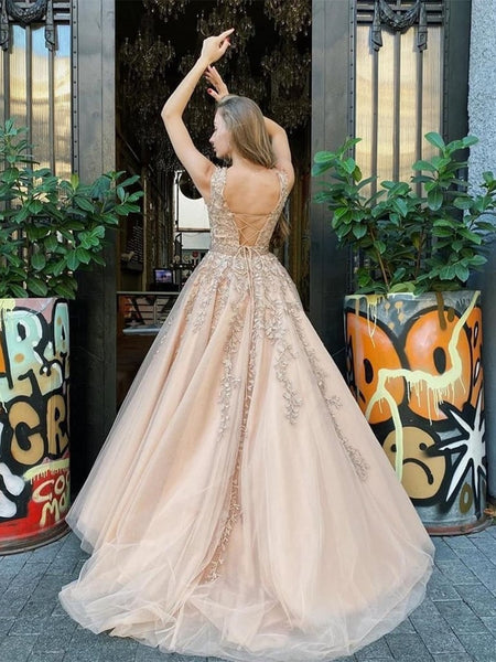 Custom Made Cap Sleeves Champagne Lace Long Prom Dresses, Cap Sleeves Champagne Lace Formal Dresses, Champagne Lace Evening Dresses, Champagne Ball Gown