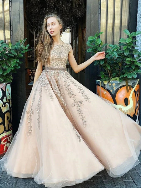 Custom Made Cap Sleeves Champagne Lace Long Prom Dresses, Cap Sleeves Champagne Lace Formal Dresses, Champagne Lace Evening Dresses, Champagne Ball Gown