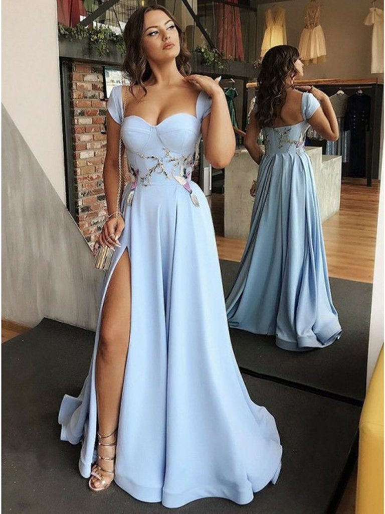 Custom Made Cap Sleeves Light Blue Prom Dresses with Side Slit, Light – Shiny Party