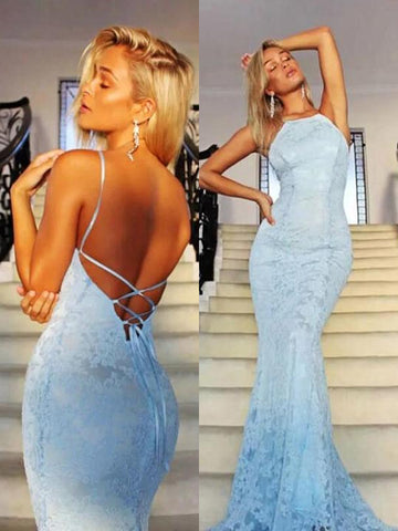 Custom Made Mermaid Backless Lace Light Blue Prom Dresses, Light Blue Mermaid Formal Dresses, Light Blue Lace Evening Dresses