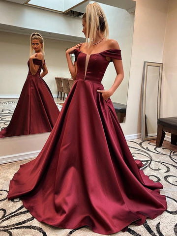 Custom Made Off Shoulder Burgundy Long Prom Dresses with Pocket, Off Shoulder Maroon Formal Dresses, Wine Red Evening Dresses