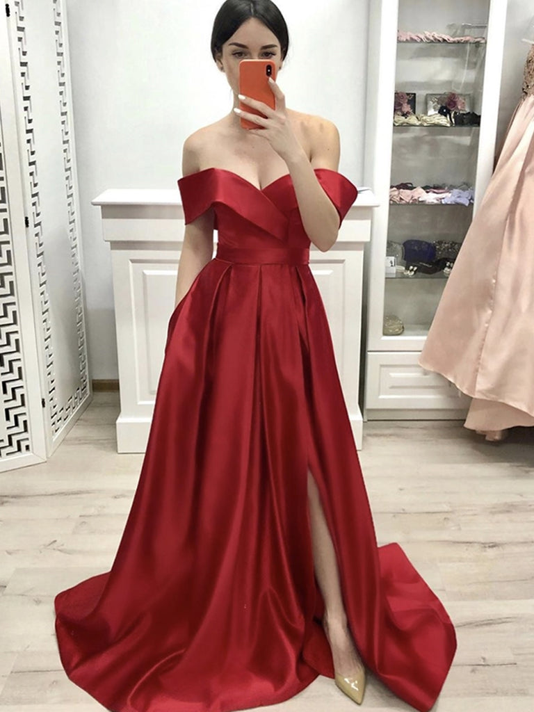 Custom Made Off Shoulder Red Satin Long Prom Dresses with Slit, Off the Shoulder Red Formal Dresses, Red Evening Dresses