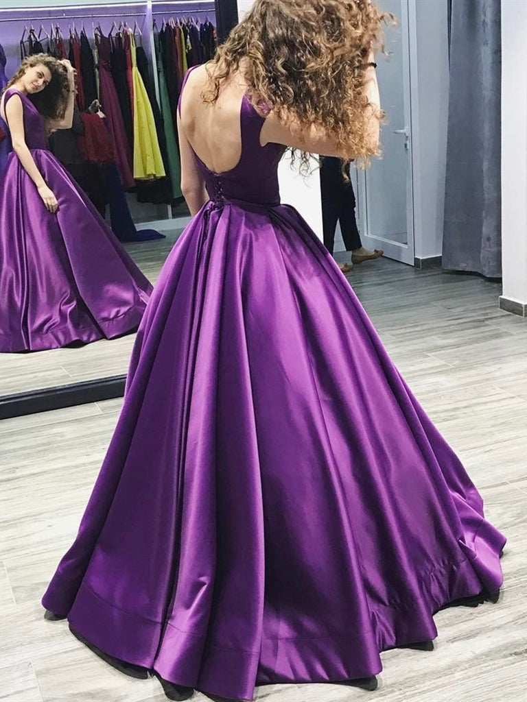 Custom Made Purple Scoop Neck Backless Satin Long Ball Gown Prom Dresses, Pueple Backless Evening Dresses Custom Made Purple Scoop Neck Backless Satin Long Ball Gown Prom Dresses, Pueple Backless Evening Dresses