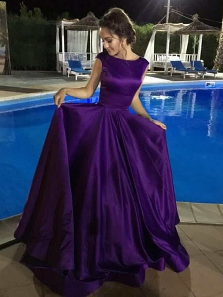 Ball Gown/Princess Sweep Train Scoop Neck Satin Beading Prom Dresses |  MillyBridal