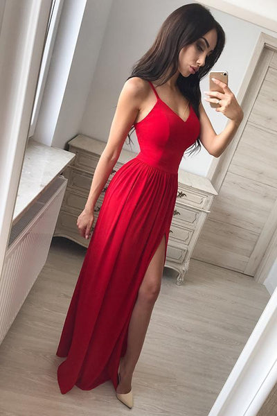 Custom Made Red A Line V Neck Floor Length Long Prom Dresses with Side Leg Slit, Red Long Formal Dresses Evening Dresses, Red Graduation Dresses