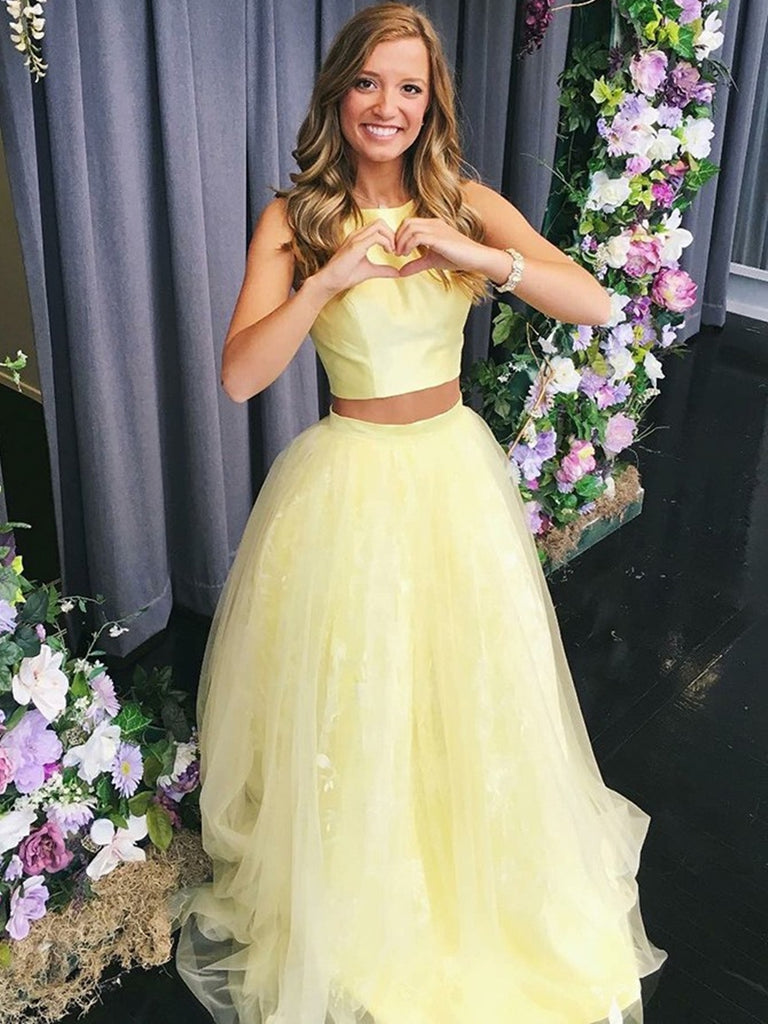 Custom Made Round Neck Two Pieces Yellow Long Prom Dresses, Two Pieces Yellow Formal Dresses, Yellow Evening Dresses