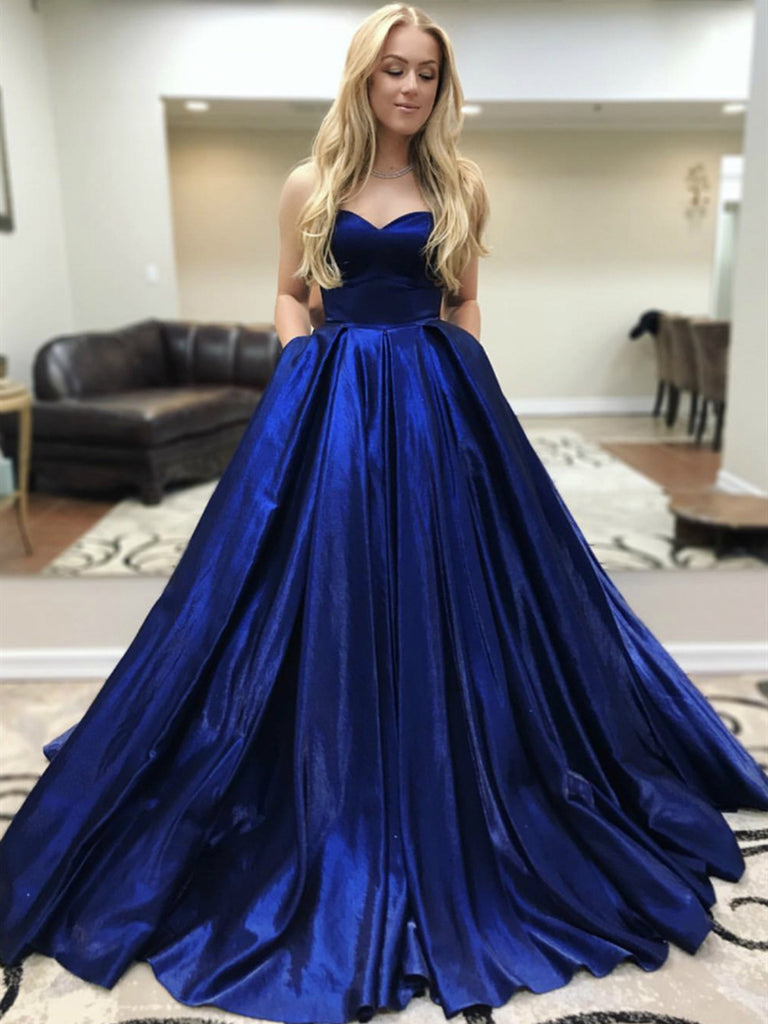Custom Made Sweetheart Neck Satin Pleats Royal Blue Prom Dresses with Shiny Party Custom Made Sweetheart Neck Satin Pleats Royal Blue Prom Dresses with Shiny Party
