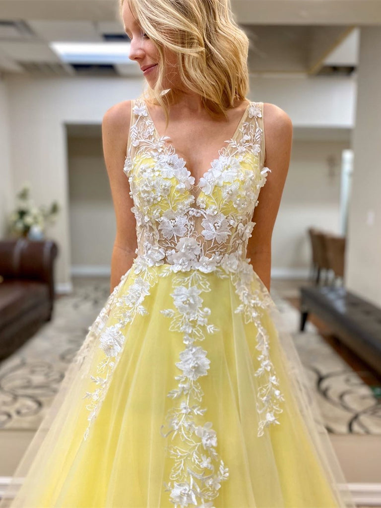 Custom Made V Neck White Lace Appliques Yellow Long Prom Dresses