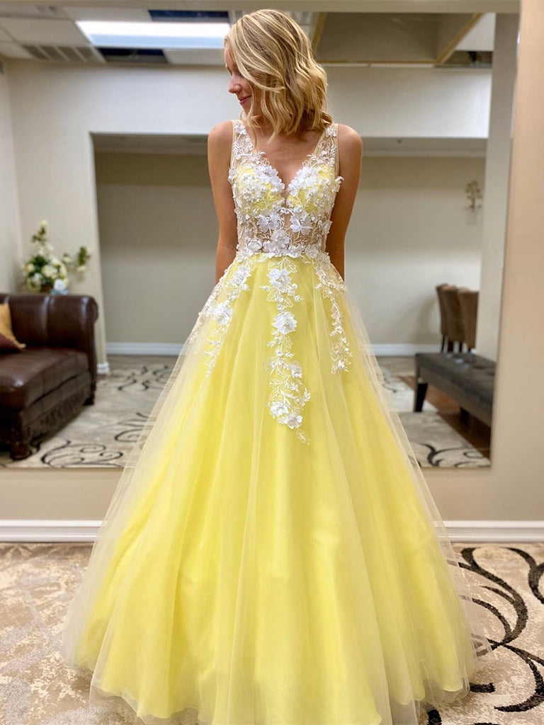 Custom Made V Neck White Lace Appliques Yellow Long Prom Dresses